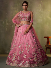 Pink Tissue Fabric Sequins embroidery Semi Stitched Lehenga and Unstitched Blouse With Dupatta