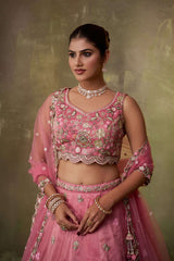 Pink Tissue Fabric Sequins embroidery Semi Stitched Lehenga and Unstitched Blouse With Dupatta