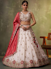 Beige Tissue Fabric Sequins Thread and Embroidery Semi Stitched Lehenga and Unstitched Blouse With Dupatta
