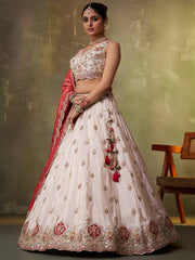 Beige Tissue Fabric Sequins Thread and Embroidery Semi Stitched Lehenga and Unstitched Blouse With Dupatta