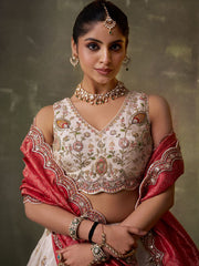 Beige Tissue Fabric Sequins Thread and Embroidery Semi Stitched Lehenga and Unstitched Blouse With Dupatta
