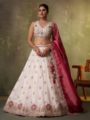 Beige Tissue Fabric Sequins Thread and Embroidery Semi Stitched Lehenga and Unstitched Blouse With Dupatta