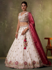 Beige Tissue Fabric Sequins Thread and Embroidery Semi Stitched Lehenga and Unstitched Blouse With Dupatta