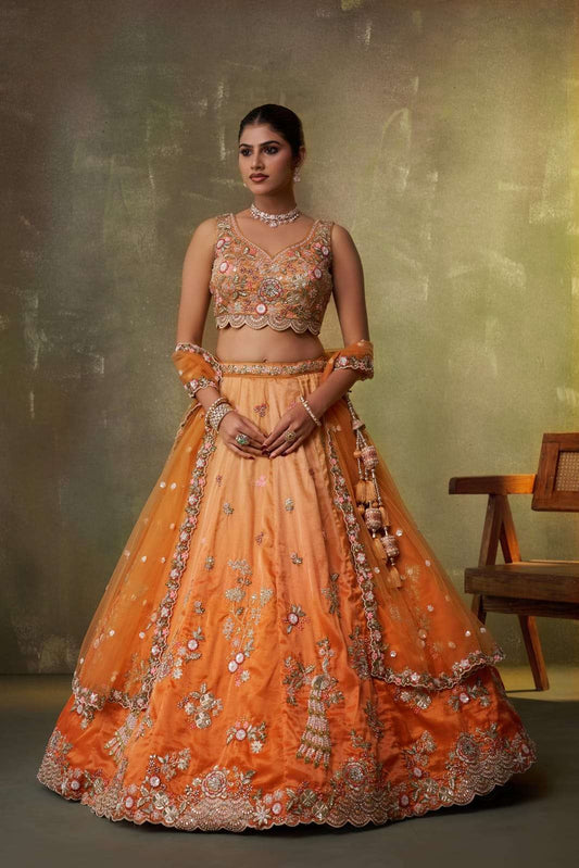 Orange Tissue Fabric Sequins embroidery Semi Stitched Lehenga and Unstitched Blouse With Dupatta