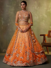 Orange Tissue Fabric Sequins embroidery Semi Stitched Lehenga and Unstitched Blouse With Dupatta