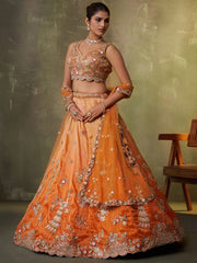 Orange Tissue Fabric Sequins embroidery Semi Stitched Lehenga and Unstitched Blouse With Dupatta
