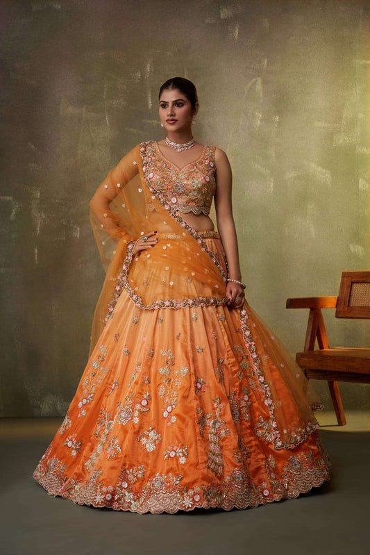 Orange Tissue Fabric Sequins embroidery Semi Stitched Lehenga and Unstitched Blouse With Dupatta