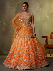 Orange Tissue Fabric Sequins embroidery Semi Stitched Lehenga and Unstitched Blouse With Dupatta