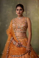 Orange Tissue Fabric Sequins embroidery Semi Stitched Lehenga and Unstitched Blouse With Dupatta