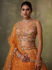 Orange Tissue Fabric Sequins embroidery Semi Stitched Lehenga and Unstitched Blouse With Dupatta