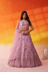 Pink Net Fabric Sequins embroidery Semi Stitched Lehenga and Unstitched Blouse With Dupatta