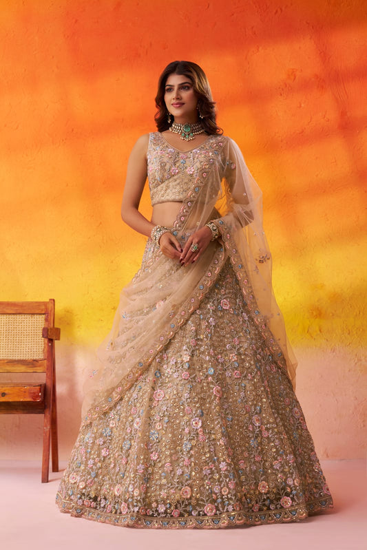 Beige Net Fabric Sequins embroidery Semi Stitched Lehenga and Unstitched Blouse With Dupatta