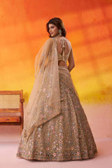 Beige Net Fabric Sequins embroidery Semi Stitched Lehenga and Unstitched Blouse With Dupatta
