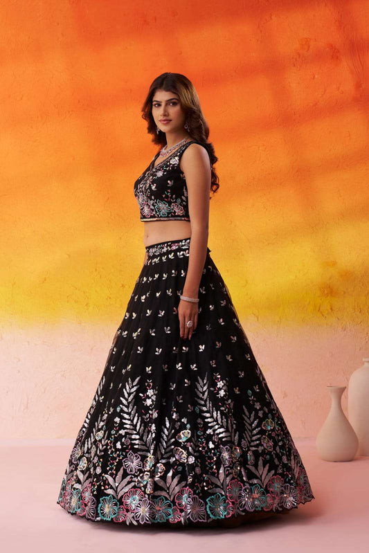 BLACK Net Fabric Sequins Thread and Embroidery Semi Stitched Lehenga and Unstitched Blouse With Dupatta