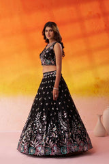 BLACK Net Fabric Sequins Thread and Embroidery Semi Stitched Lehenga and Unstitched Blouse With Dupatta