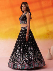 BLACK Net Fabric Sequins Thread and Embroidery Semi Stitched Lehenga and Unstitched Blouse With Dupatta