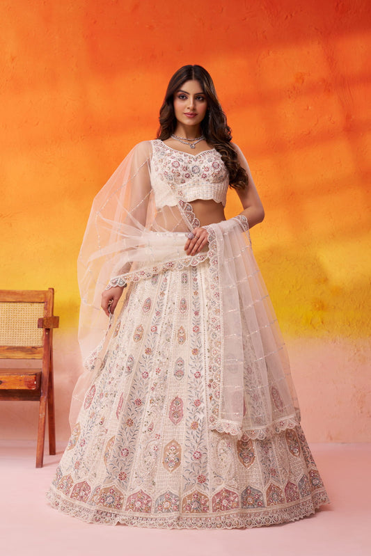 Cream Net Fabric Sequins embroidery Semi Stitched Lehenga and Unstitched Blouse With Dupatta