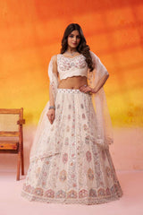 Cream Net Fabric Sequins embroidery Semi Stitched Lehenga and Unstitched Blouse With Dupatta