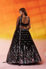BLACK Net Fabric Sequins Thread and Embroidery Semi Stitched Lehenga and Unstitched Blouse With Dupatta