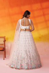 Cream Net Fabric Sequins Thread and Embroidery Semi Stitched Lehenga and Unstitched Blouse With Dupatta