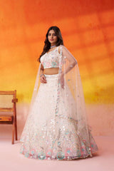 Cream Net Fabric Sequins Thread and Embroidery Semi Stitched Lehenga and Unstitched Blouse With Dupatta