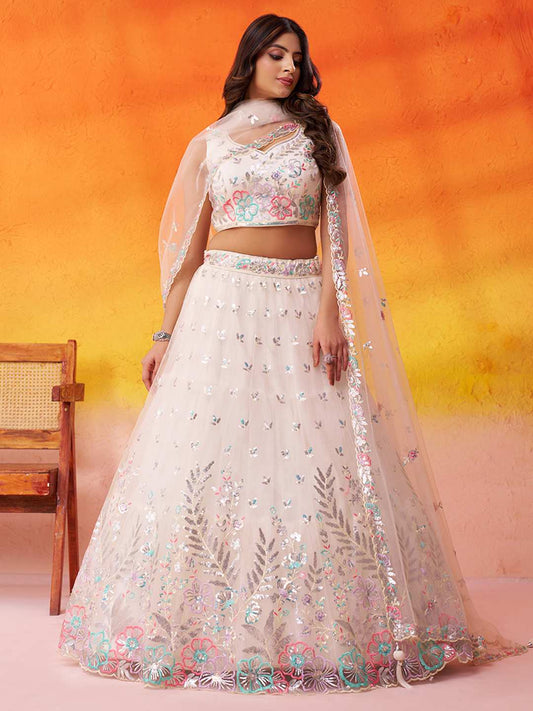 Cream Net Fabric Sequins Thread and Embroidery Semi Stitched Lehenga and Unstitched Blouse With Dupatta
