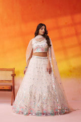 Cream Net Fabric Sequins Thread and Embroidery Semi Stitched Lehenga and Unstitched Blouse With Dupatta