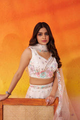 Cream Net Fabric Sequins Thread and Embroidery Semi Stitched Lehenga and Unstitched Blouse With Dupatta