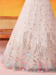 Cream Net Fabric Sequins Thread and Embroidery Semi Stitched Lehenga and Unstitched Blouse With Dupatta