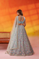Seagreen Net Fabric Sequins embroidery Semi Stitched Lehenga and Unstitched Blouse With Dupatta