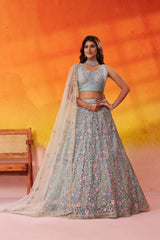 Seagreen Net Fabric Sequins embroidery Semi Stitched Lehenga and Unstitched Blouse With Dupatta