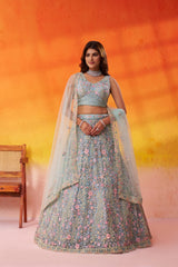 Seagreen Net Fabric Sequins embroidery Semi Stitched Lehenga and Unstitched Blouse With Dupatta