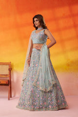 Seagreen Net Fabric Sequins embroidery Semi Stitched Lehenga and Unstitched Blouse With Dupatta
