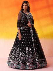 BLACK Net Fabric Sequins Thread and Embroidery Semi Stitched Lehenga and Unstitched Blouse With Dupatta