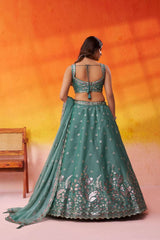 Green Organza Fabric Sequins Thread and Embroidery Semi Stitched Lehenga and Unstitched Blouse With Dupatta