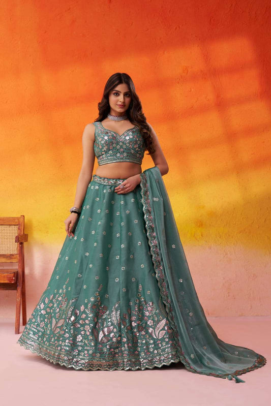 Green Organza Fabric Sequins Thread and Embroidery Semi Stitched Lehenga and Unstitched Blouse With Dupatta