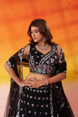 BLACK Net Fabric Sequins Thread and Embroidery Semi Stitched Lehenga and Unstitched Blouse With Dupatta