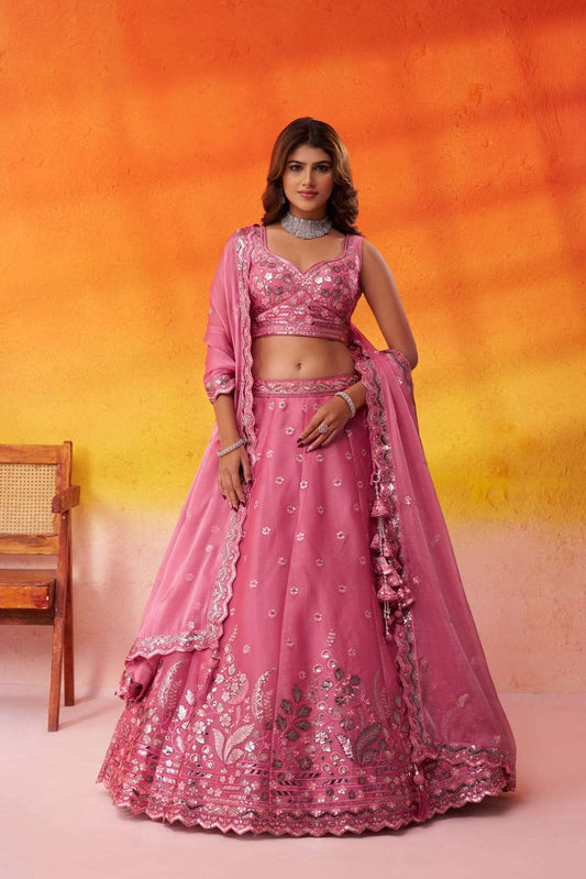 Pink Organza Fabric Sequins Thread and Embroidery Semi Stitched Lehenga and Unstitched Blouse With Dupatta