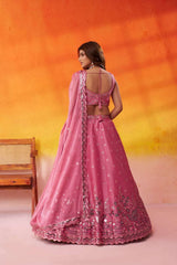 Pink Organza Fabric Sequins Thread and Embroidery Semi Stitched Lehenga and Unstitched Blouse With Dupatta