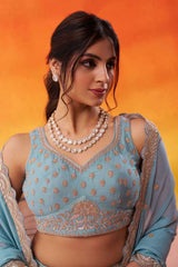 Seagreen Tissue Silk Fabric Sequins embroidery Semi Stitched Lehenga and Unstitched Blouse With Dupatta