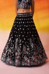 BLACK Net Fabric Sequins Thread and Embroidery Semi Stitched Lehenga and Unstitched Blouse With Dupatta