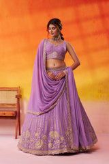 Mauve Tissue Silk Fabric Sequins embroidery Semi Stitched Lehenga and Unstitched Blouse With Dupatta