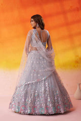 Grey Net Fabric Sequins Thread and Embroidery Semi Stitched Lehenga and Unstitched Blouse With Dupatta