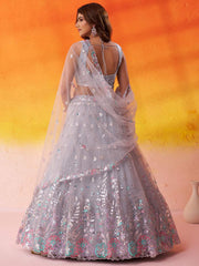 Grey Net Fabric Sequins Thread and Embroidery Semi Stitched Lehenga and Unstitched Blouse With Dupatta