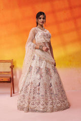 Cream Net Fabric Sequins embroidery Semi Stitched Lehenga and Unstitched Blouse With Dupatta
