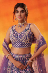 Purple Net Fabric Sequins embroidery Semi Stitched Lehenga and Unstitched Blouse With Dupatta