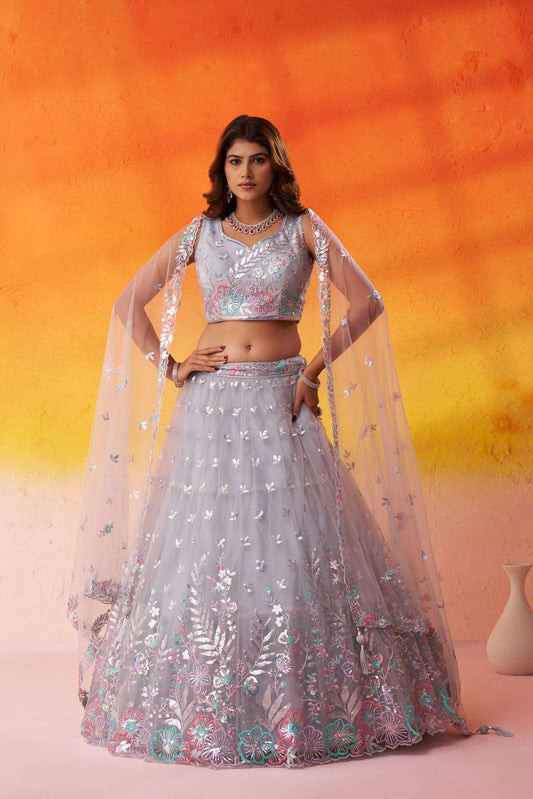 Grey Net Fabric Sequins Thread and Embroidery Semi Stitched Lehenga and Unstitched Blouse With Dupatta