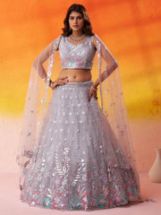 Grey Net Fabric Sequins Thread and Embroidery Semi Stitched Lehenga and Unstitched Blouse With Dupatta