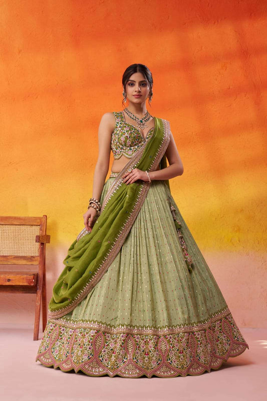 Limegreen Jacquard Tissue Fabric Sequins Thread and Embroidery Semi Stitched Lehenga and Unstitched Blouse With Dupatta
