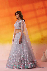 Grey Net Fabric Sequins Thread and Embroidery Semi Stitched Lehenga and Unstitched Blouse With Dupatta